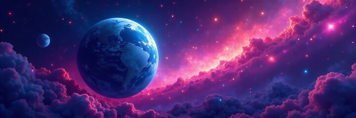 A colorful and vibrant space illustration with a planet surrounded by twinkling stars, astronomy, planet, space