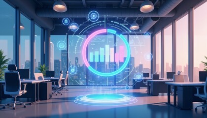 Holographic data visualization in modern office, digital innovation