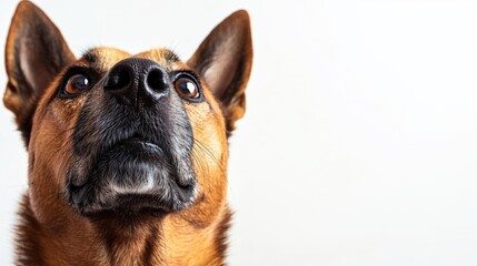 Intense gaze from a light-brown-furred, brown-nosed dog; detailed fur texture, softly open mouth inviting curiosity, capturing an endearing expression in captivating close-up
