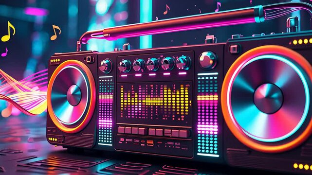 Retro Futuristic Boombox with Neon Lights and Digital Equalizer Display in a Colorful Music-Themed Cyberpunk Environment

