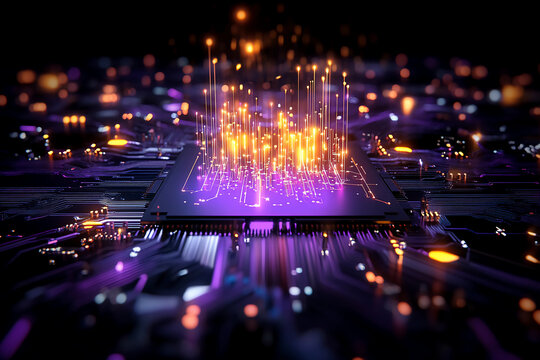 Futuristic abstract circuit board with glowing nodes in complementary purple and yellow colors, creating a mesmerizing technological landscape
