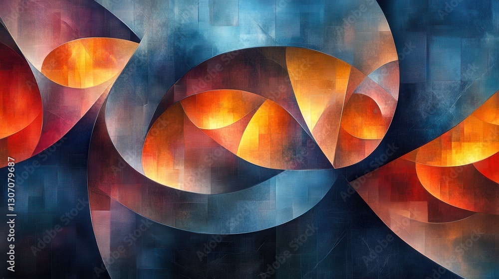 Aufkleber an abstract artwork featuring swirling shapes in vibrant orange and deep blue tones, creating a dyna