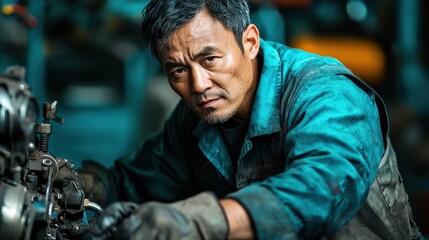 Obraz premium Focused Middle-Aged Asian Man Working on Machinery in an Industrial Setting While Wearing Protective Gear, Showcasing Precision and Skill in Manual Labor