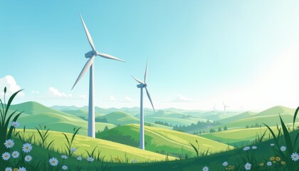Fototapeta premium Modern wind turbines towering over green hills, renewable energy symbolism