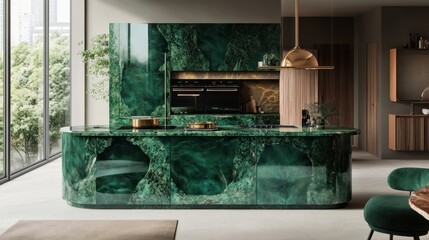 A modern kitchen design showcases beautiful green marbled surfaces prominently
