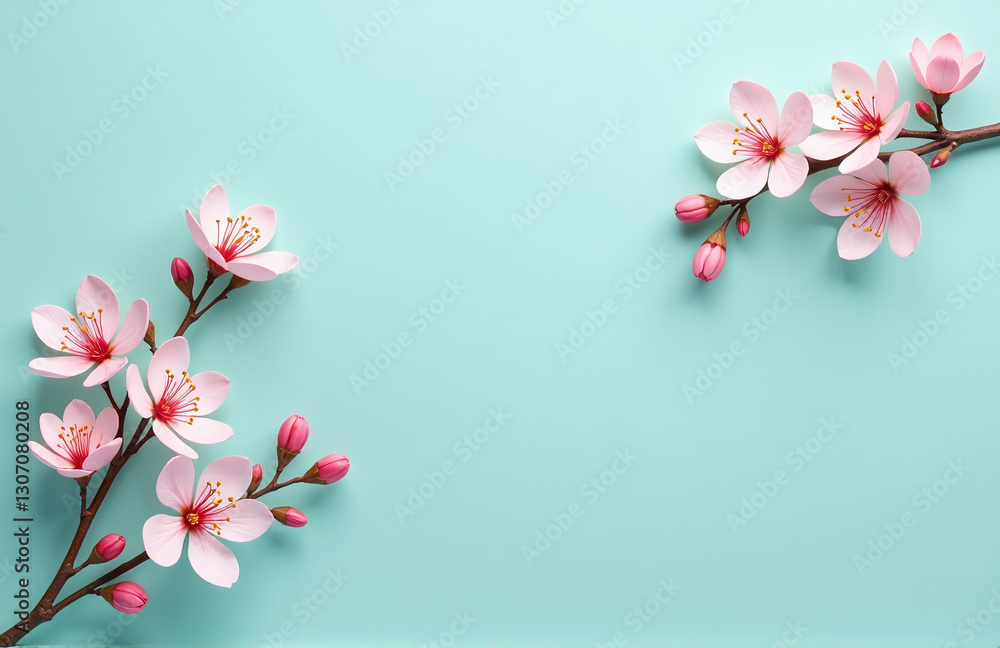 Poster A Subtle Teal Background Features Soft Pinkish Cherry Blossoms In A Simple Yet Elegant Design.