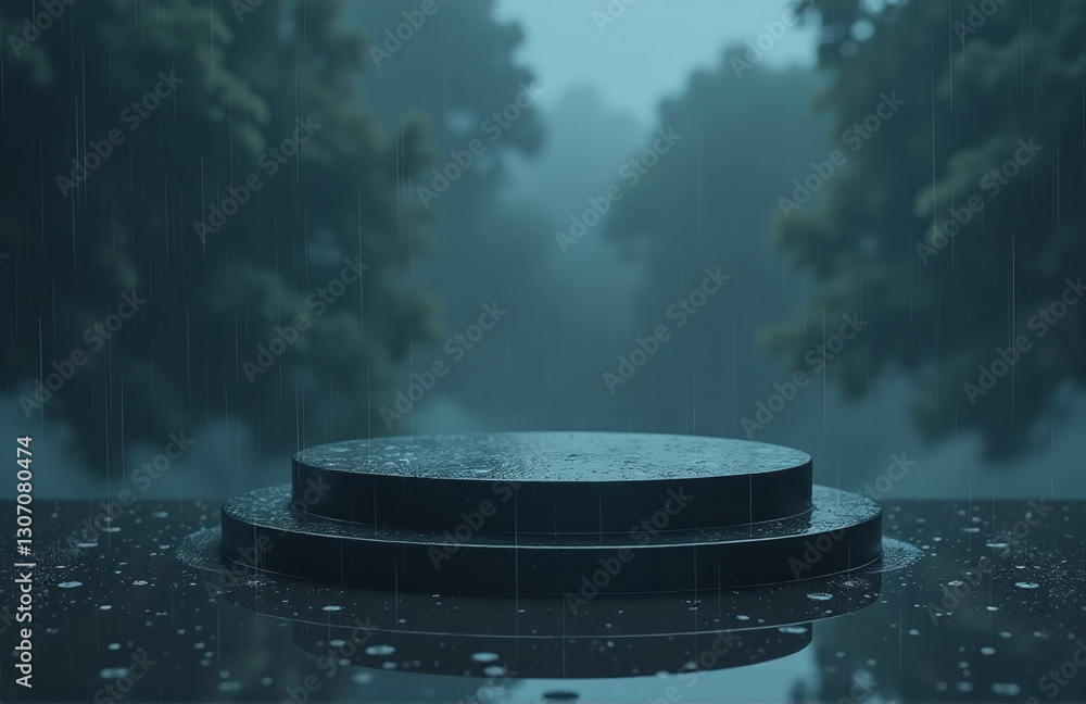 Poster A Solitary Pedestal Stands In A Downpour, Its Circular Shape Reflected Against An Ominous, Dark And Foreboding Background Surrounding It.