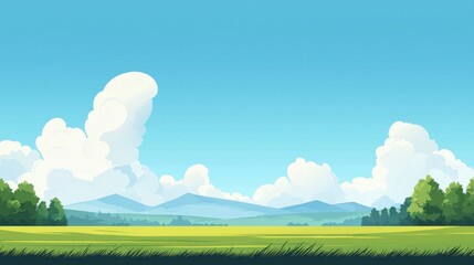 Scenic illustration of a vibrant green field beneath a bright blue sky