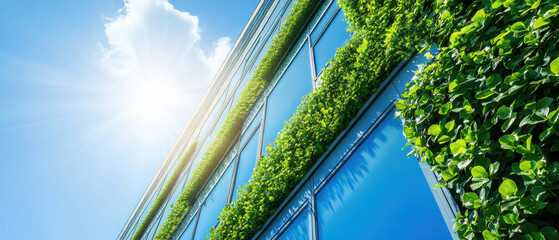 Green vertical garden on modern office building with sunlight