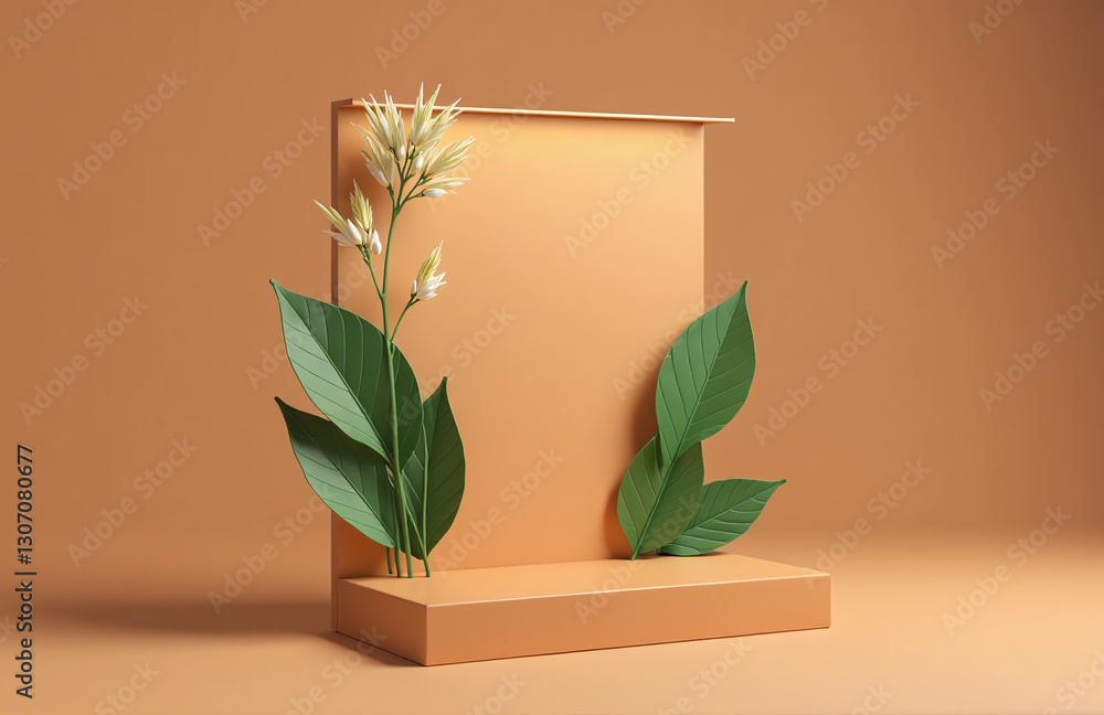 Poster a sleek product display stand features natural elements, including a leaf pattern on a warm brown ba