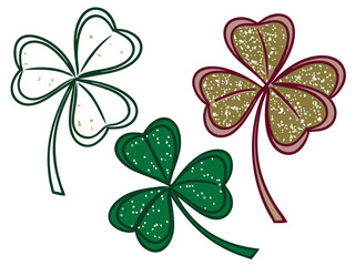 A pack of sparkling shamrock shapes in glittery textures, isolated on a white background.
