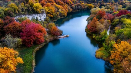 Naklejka premium Autumnal River Serenity: A Breathtaking Aerial View of Colorful Fall Foliage and a Tranquil River