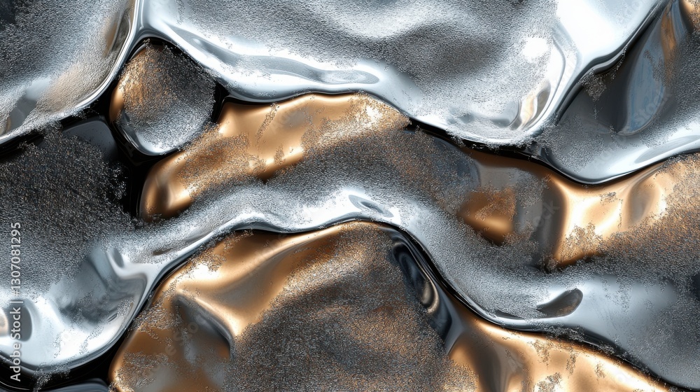 Poster a close-up of a textured metallic surface with wavy patterns, showcasing a mix of silver and bronze 
