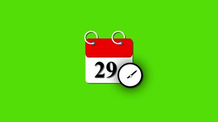 29 dates on the calendar page animation. Wall Clock timer icon 4k video.