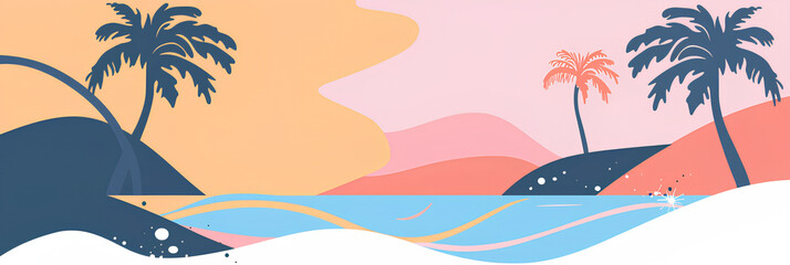 A simple vector graphic of a beach with palm trees, a sunset, retro colors, simple shapes, a flat design style