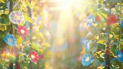 A serene garden scene featuring vibrant morning glory flowers in shades of blue, pink, and red, cascading along a trellis. The warm sunlight filters through the leaves, creating a soft, glowing 