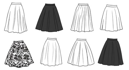 Skirts assortment line art - fashion design diversity - for clothing brand promotion.