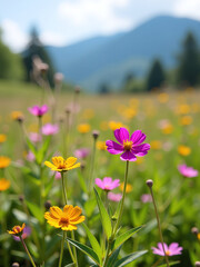 Obraz premium A Serene Landscape Featuring Vibrant Wildflowers Swaying Gently In The Wind Against A Natural Unspoiled Backdrop.