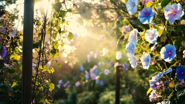 A peaceful garden pathway lined with vibrant morning glory flowers in hues of blue and pink, gently illuminated by the soft glow of the sunrise. The flowers bloom around a wooden trellis