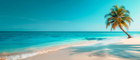 Fototapeta premium Blue water and tropical sea beach with perfectly clean sand and palm trees growing on coast on background of bright blue clear gradient sky. Travel advertising banner. Paradise. Copy space for text.