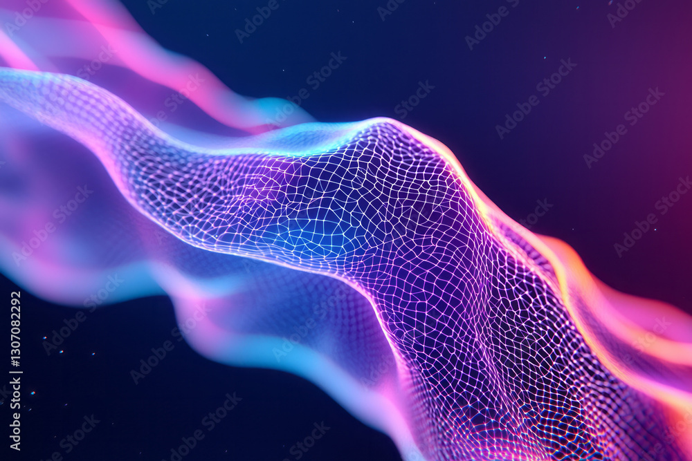 Poster bold editorial style showcasing a futuristic cascade of ghost-like, cellular structures with sharp