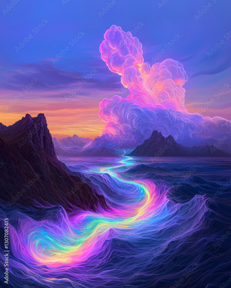 Poster poetic abstract scene featuring a cascade of molecular forms with echoing light pulses, set against