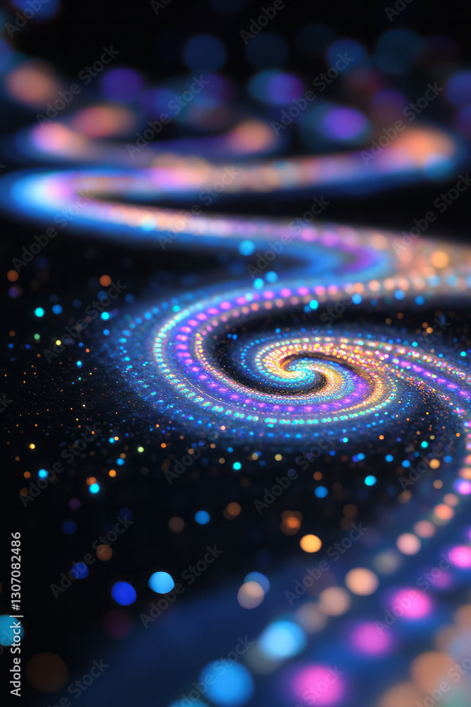 Poster macro shot of swirling microbial forms converging into a vortex, illuminated by neon glows, set