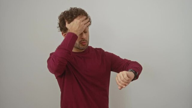 Young hispanic man standing worried while looking at watch over isolated white background, wearing t shirt, concerned about time being late