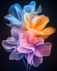 Surreal composition of layered floral fragments gradually coalescing into a vibrant bloom, each