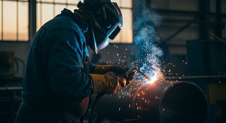 Welder hard at work - precision and protection - industrial applications and processes.