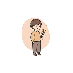 Cartoon Illustration of a Young Boy Holding a Flower in His Hand