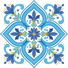 Traditional ceramic tiles Azulejo vector illustration. Italian print and pattern for fabric and wallpaper. Sicilian majolica in blue tones. Ornament in Mediterranean style.