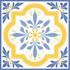 Traditional Azulejo ceramic tiles. Vector Italian print for fabric and wallpaper. Sicilian majolica in blue and yellow colors. Mediterranean style ornament.