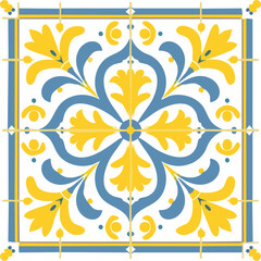 Traditional Azulejo ceramic tiles. Vector Italian print for fabric and wallpaper. Sicilian majolica in blue and yellow colors. Mediterranean style ornament.