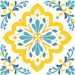 Traditional Azulejo ceramic tiles. Vector Italian print for fabric and wallpaper. Sicilian majolica in blue and yellow colors. Mediterranean style ornament.
