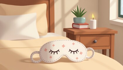 Cozy cotton facial mask on bedside table in warm bedroom, relaxation