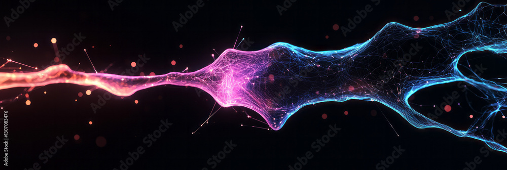 Poster hypnotic macro view of fine, translucent strands merging into a luminous network, where a symbiotic