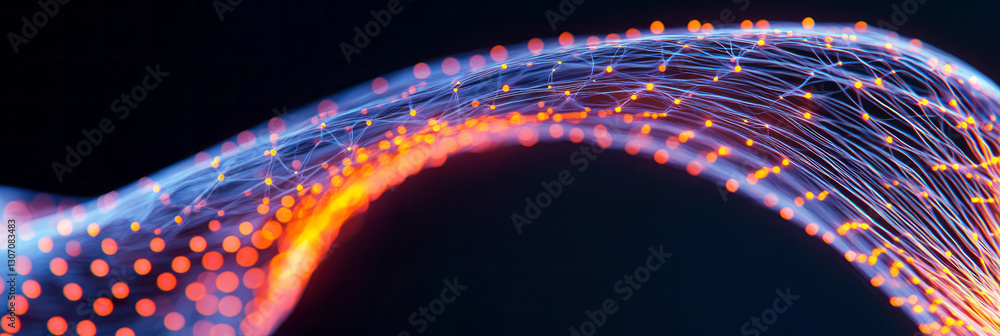 Poster hypnotic macro view of fine, translucent strands merging into a luminous network, where a symbiotic