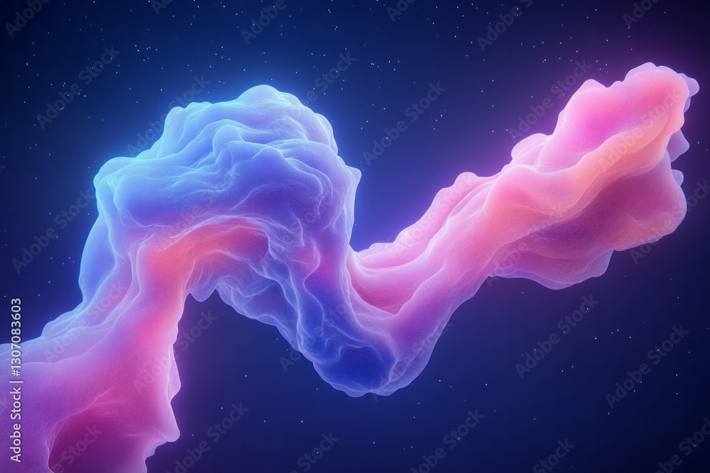Poster cosmic-inspired scene where translucent, intertwined shapes merge with digital neon pulses,