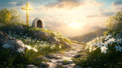 Pathway to Faith: A serene scene of a stone path leading towards a golden cross and a tomb. The scene bathed in warm, soft sunlight and beautiful flowers, evoking a sense of peace and spirituality.