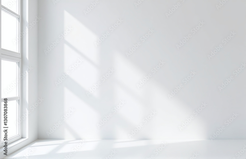 Poster a minimalist white studio background with subtle shadows from a window frame, ideal for showcasing p