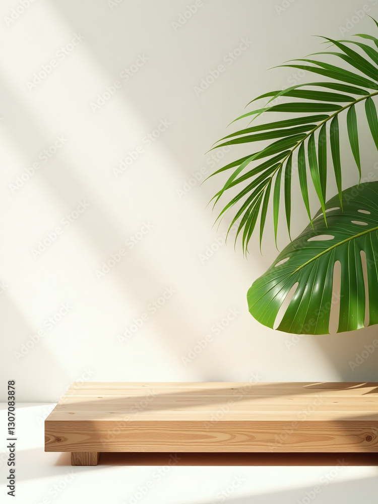 Poster a minimalist wooden platform features a natural wood design with a green palm leaf element against a