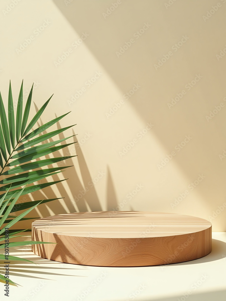 Poster a minimalist wooden platform features a natural wood design with a green palm leaf element against a