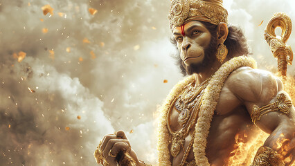 Hanuman: Majestic rendering of Hanuman, the revered Hindu deity, in a dynamic pose exuding strength, devotion, and divine energy. Set against an epic.