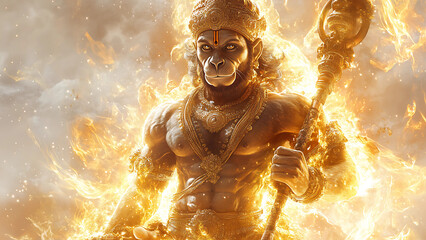 Divine Radiance: An awe-inspiring depiction of Hanuman, the Hindu god of strength and devotion, in a moment of divine splendor with flames and celestial elements.