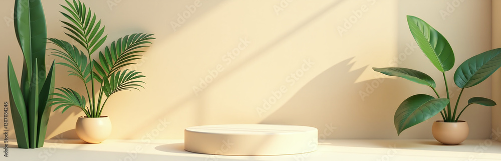 Aufkleber a minimalist studio setting features a modern pedestal on a beige background, surrounded by abstract