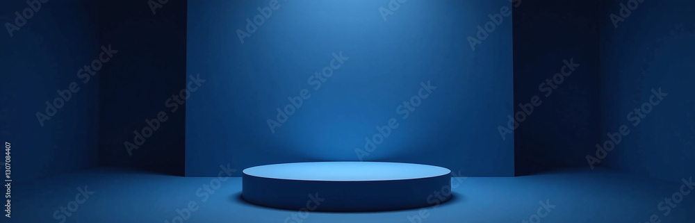 Poster A Minimalist Setup Features A Dark Blue Background With An Empty Pedestal Or A Light Show On A Luxurious Backdrop Sometimes.