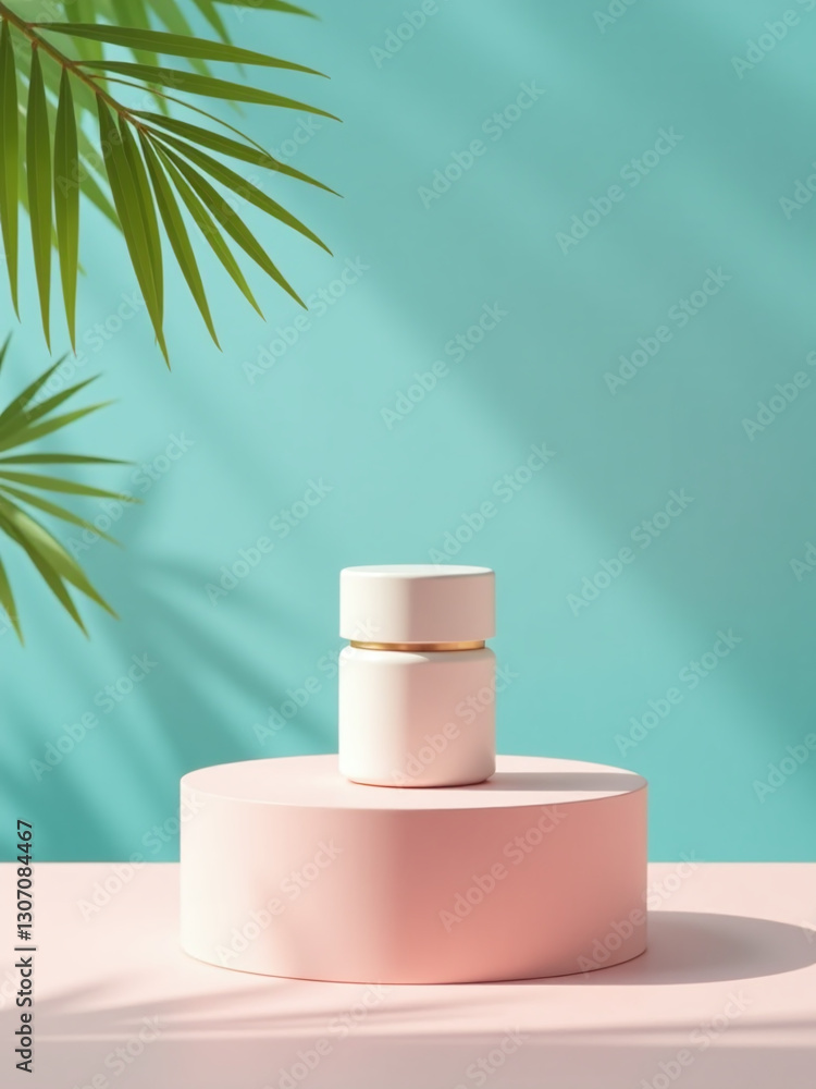 Poster A Minimalist Pedestal Display Showcases A Product On A Vibrant Summer Background In A Simple And Elegant Manner.