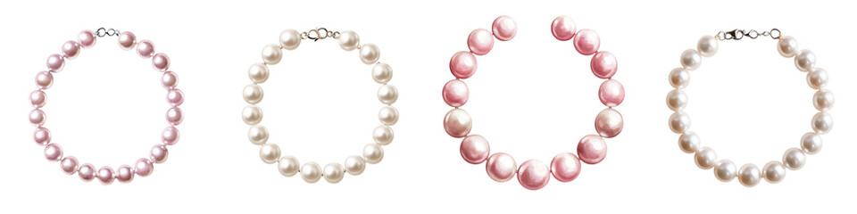 Obraz premium A collection of high end jewelry accessories including pearl necklaces crystal bracelets and gemstone strands arranged in a delicate and sophisticated display on a serene white background