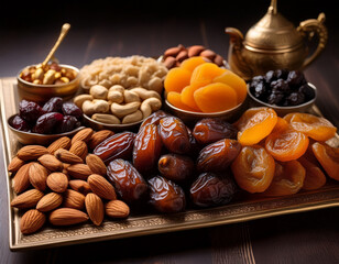 An assortment of dried fruits and nuts traditionally consumed during Ramadan, tastefully arranged on a platter